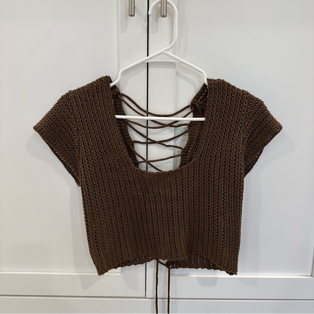 Peppermayo Brown Ribbed Cap Sleeve Crop Top